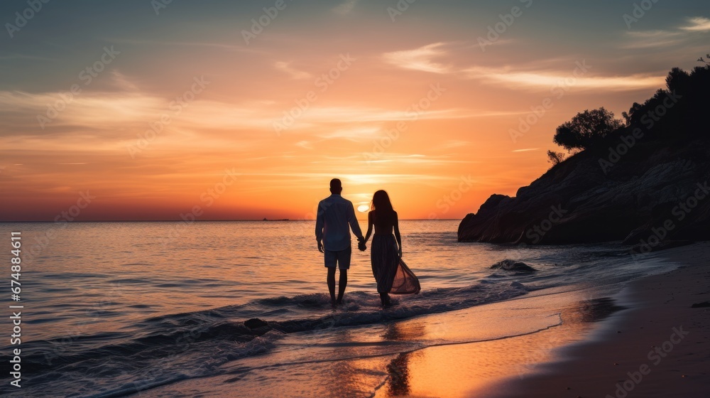 A man and a woman walking on the beach at sunset