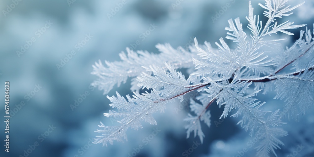 Frosty spruce branches abstract close up background.