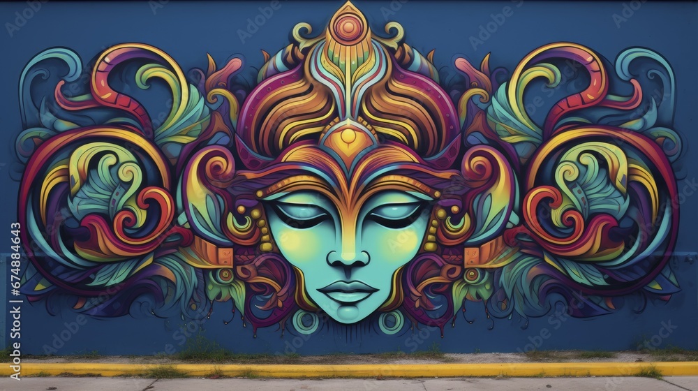 Vibrant street art mural with patterns