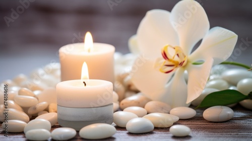 A candle and some white stones on a table