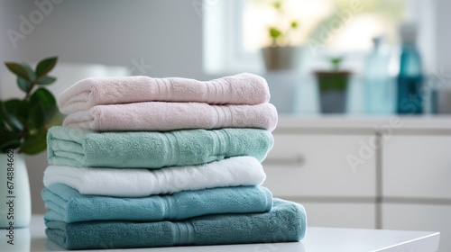 Soft towels organized by color in a contemporary laundry setting.