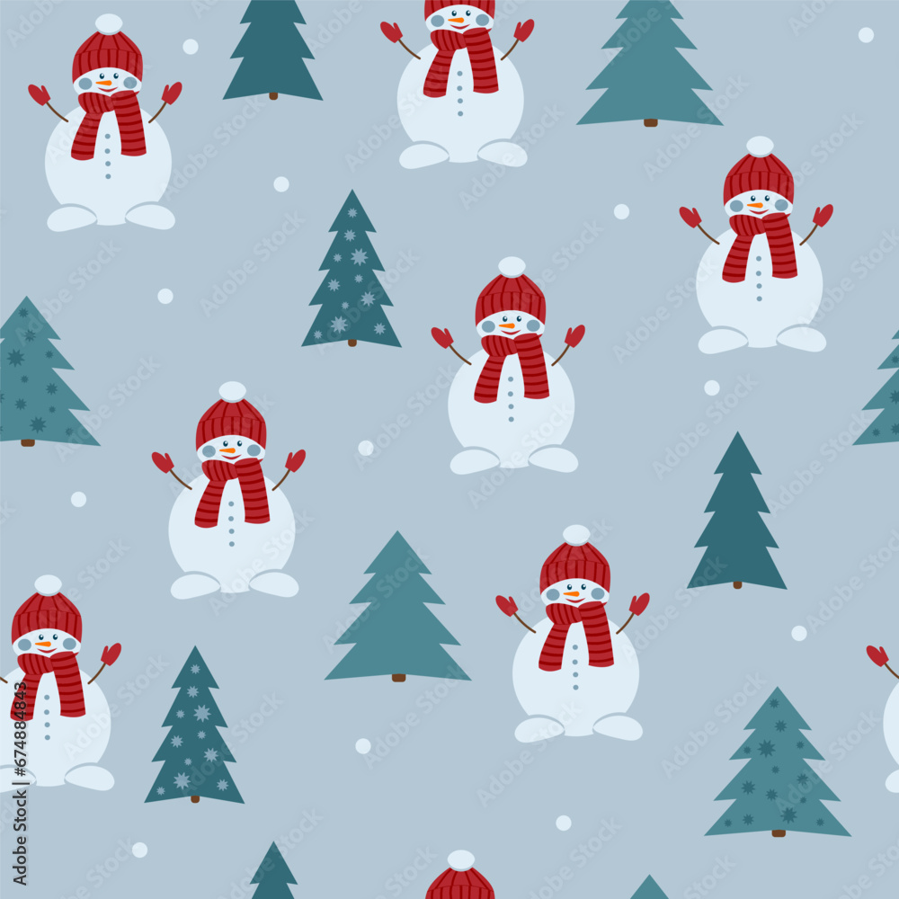 Christmas seamless pattern with cute snowmen, Christmas trees and snowflakes. Ideal for wrapping paper, wallpaper, fabric, winter greetings, textiles, Christmas or New Year card, banners.