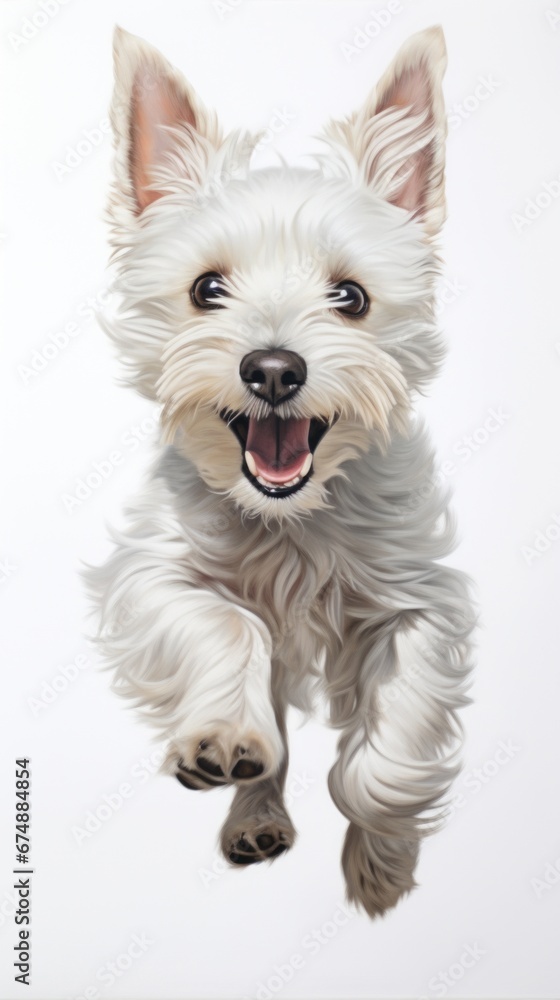 A small white dog running through the air A small white dog running through the air