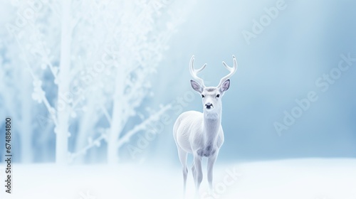 Delicate deer in a winter wonderland, glancing with innocence against a backdrop of icy trees.