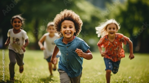 A group of children running across a lush green field