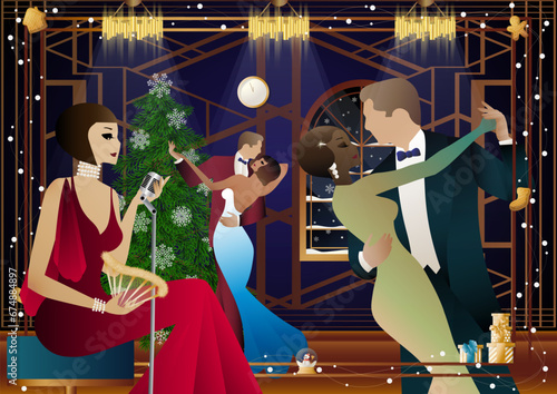 A beautiful young woman in a vintage dress with a retro microphone at the Christmas tree. The singer s performance at the New Year s holiday. Concept for holiday, winter holidays, New Year, Christmas