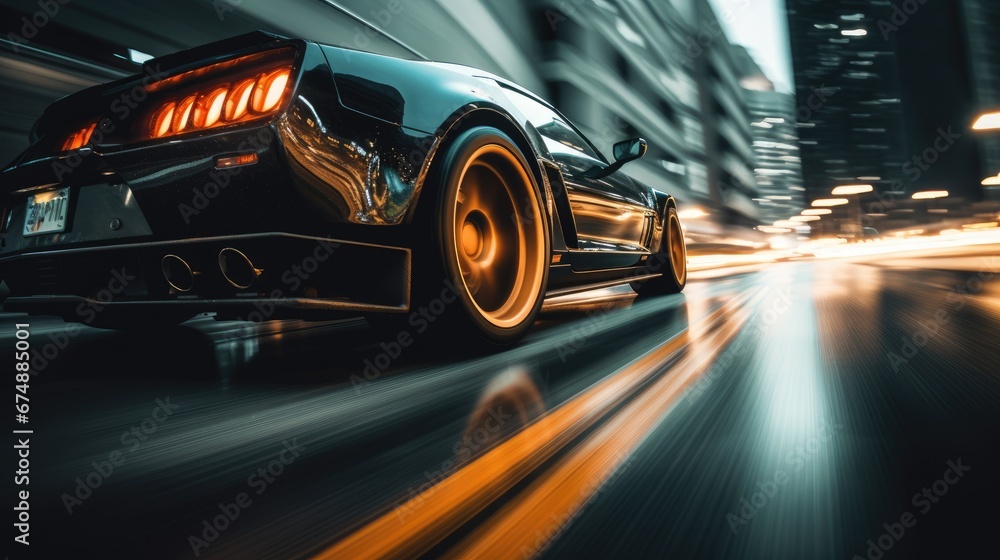 Fototapeta premium Sports car riding on highway road wallpaper. Car in fast motion 4k. Fast-moving car. Fast-moving supercar on the street.