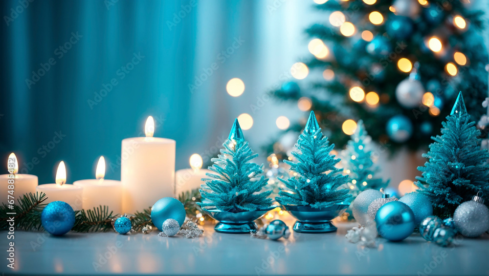 Christmas background: light candles and Christmas tree decorations are on the table