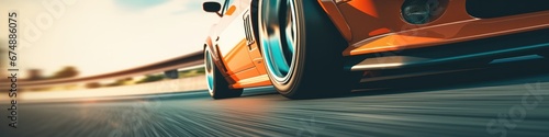 Ultrawide sports car riding on highway road wallpaper. Car in fast motion 4k. Fast-moving car. Fast-moving supercar on the street. photo