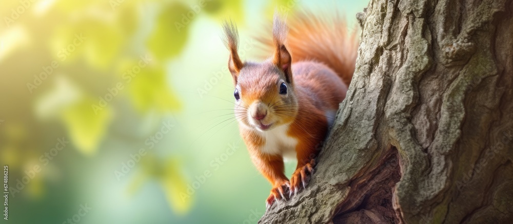 In the lush forest a cute red squirrel with soft fur scurried up a tall tree showcasing a funny and natural acrobatic display adding to the charm of the wildlife in the park