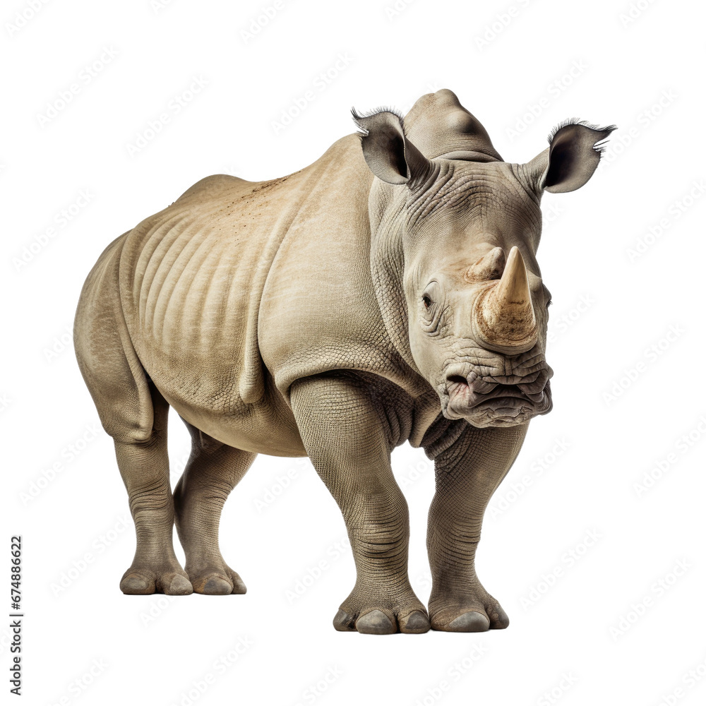 Obraz premium Rhinoceros Standing Isolated on White Background, Endangered Species Portrait 
