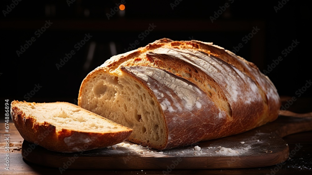 Whole round loaf of fresh baked rye wheat bread with crumbs and spikelets closeup isolated on white background