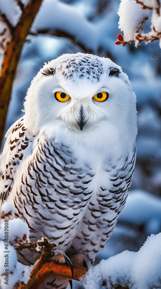 Obraz premium Snowy owl in the winter forest. Wildlife scene from nature.