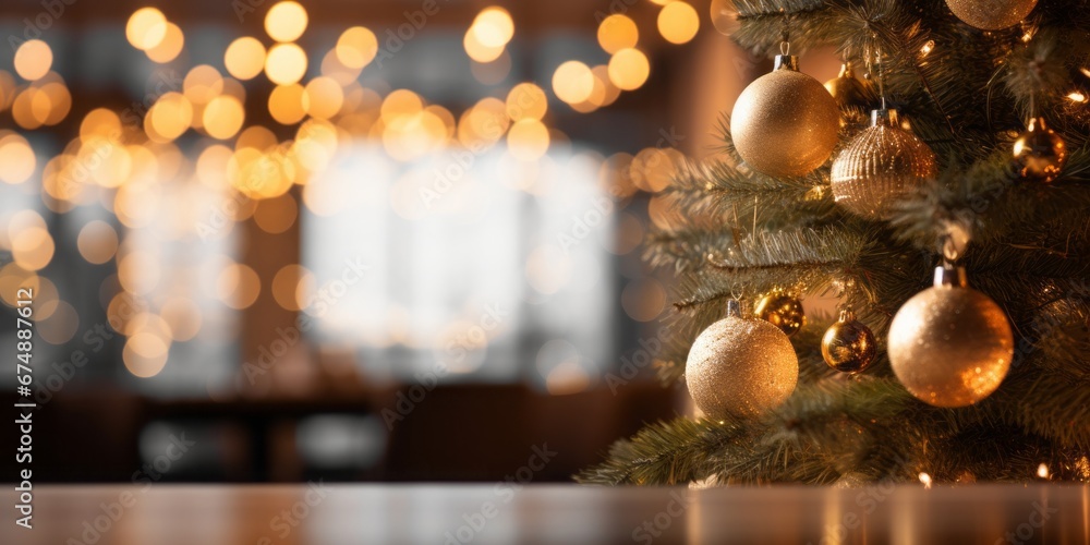 Fototapeta premium Christmas Tree Warm Glow in a Cozy Lobby Room, Adorned with Holiday Decorations, Welcoming Guests to a Seasonal Celebration