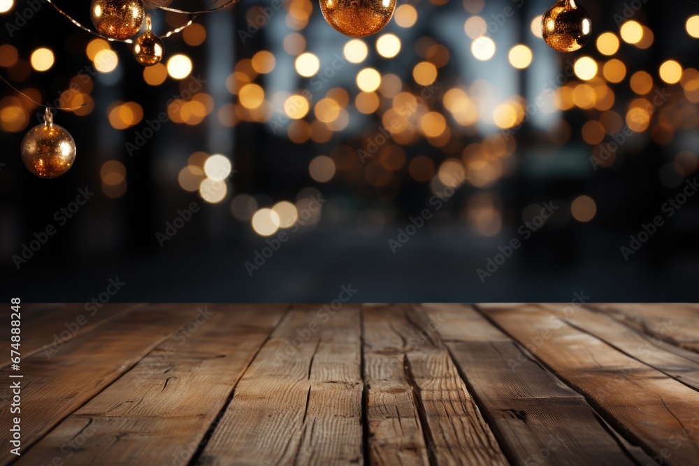 Winter holidays atmosphere concept. Wooden textured table with copyspace for adverts and illuminated background with hanging golden baubles. Generated AI