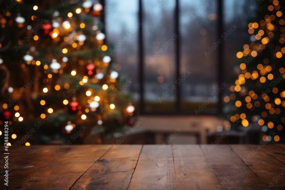 Wooden empty table with place for display products and domestic Christmas trees with large window on the background. Generated AI Wooden empty table with place for display products and domestic Christmas trees with large window on the background. Generated AI