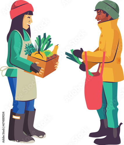 market gardener in winter, speaking with a client. 2 persons, a man and a girl, at the market. She's holding a box with vegetables. Vector illustration on a white background.
