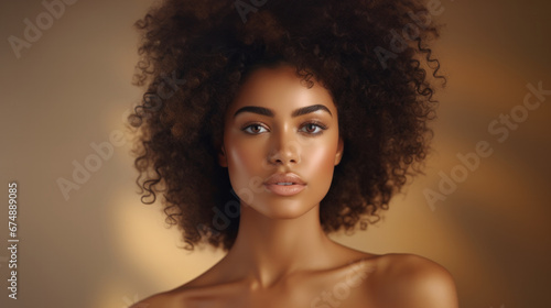 Natural Elegance: Serene African American Beauty with Flawless Skin and Afro Curly Hair on a Beige Canvas.
