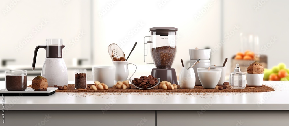 Kitchen table with electric blender with chocolate smoothie and bowls with ingredients Kitchen table with electric blender with chocolate smoothie and bowls with ingredients