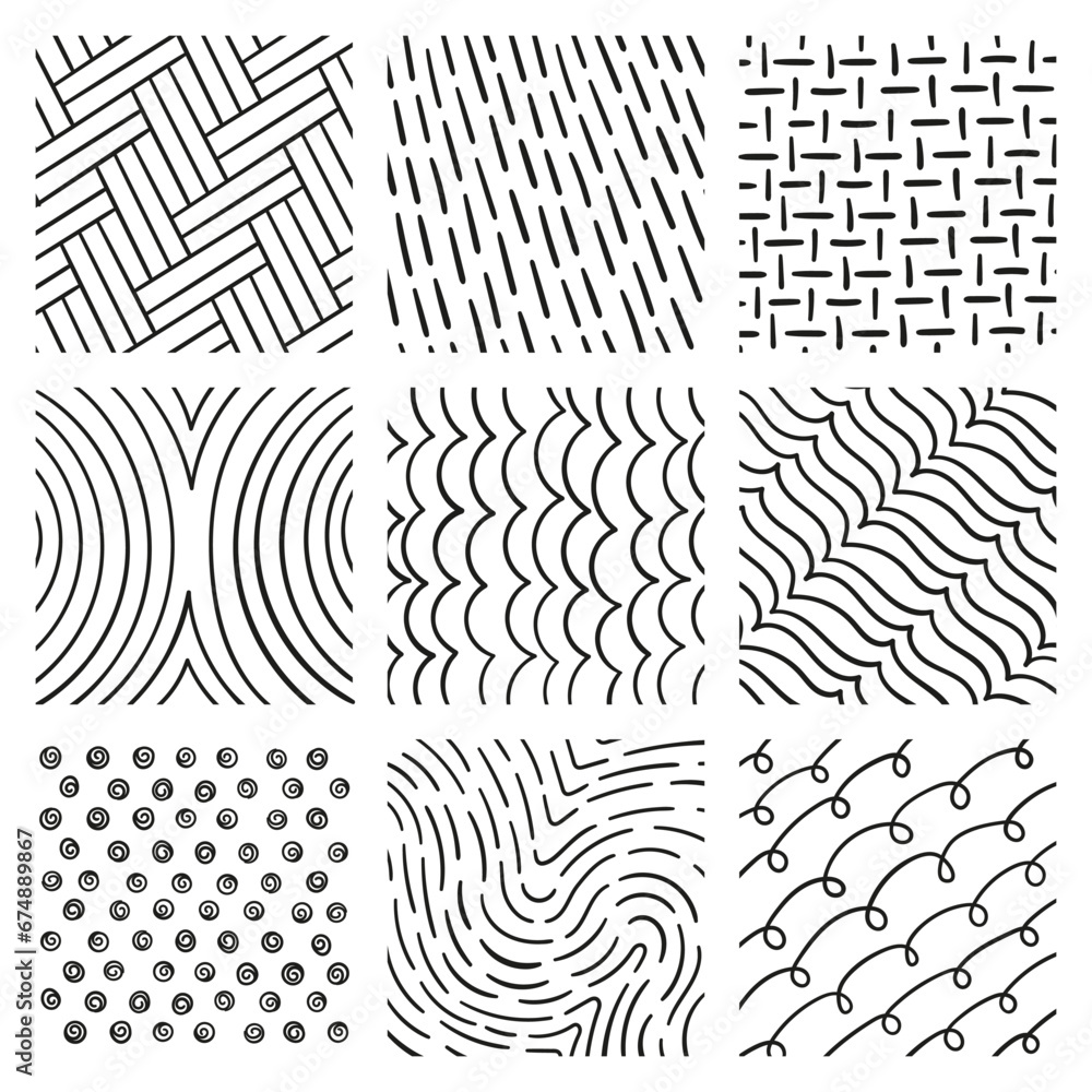 Lines set in different styles and positions. Bricks, parquet, waves, curved lines, coiled etc.