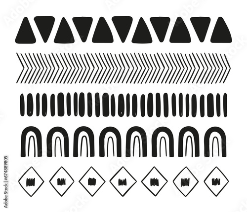 Set of primitive drawings. Triangles, lines, rainbow, rocks.