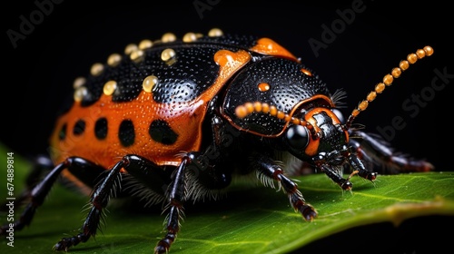 Ladybug with water drops crawling up a leaf.