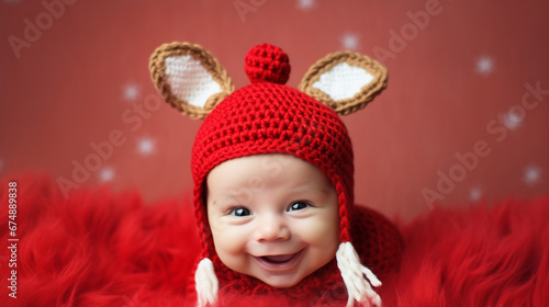 Cute little baby in Christmas reindeer hat. Christmas concept. 