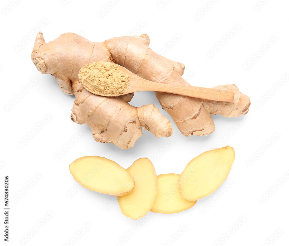 Fresh ginger root and wooden spoon with dried powder on white background Fresh ginger root and wooden spoon with dried powder on white background