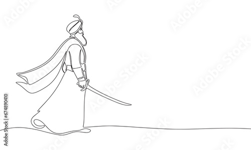 Indian man with saber one line continuous art. Line art man with sword. Hand drawn vector art. 