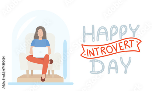Woman work in bulb. Happy introvert Day banner. Introvert woman is working isolated. Hand drawn vector illustration.