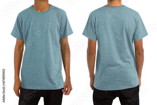 Man in blank heather arctic t-shirt, front and back views