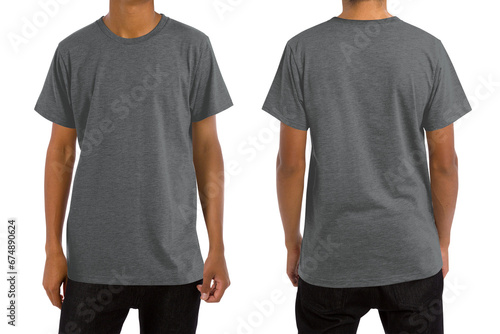 Man in blank heather charcoal t-shirt, front and back views