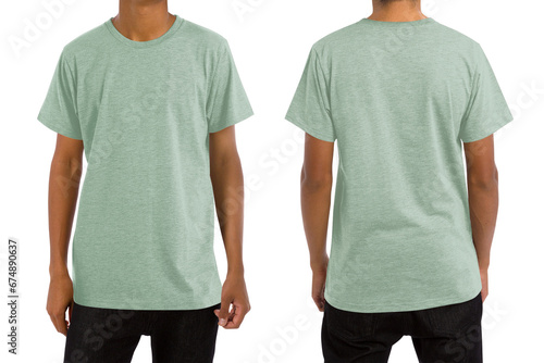Man in blank heather cucumber t-shirt, front and back views