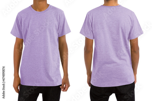 Man in blank heather lilac t-shirt, front and back views