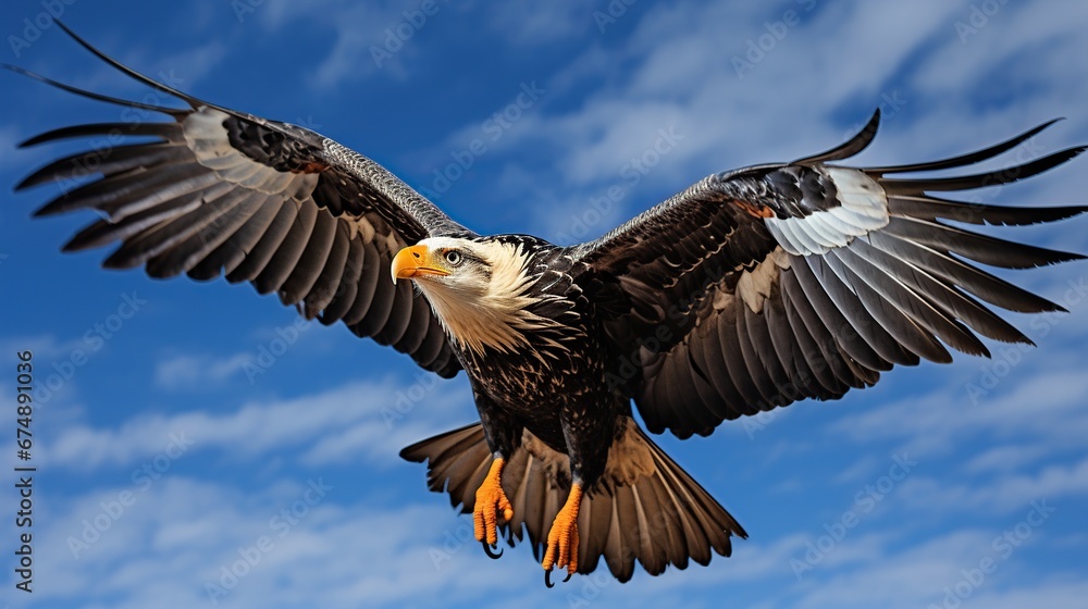 An adult bald eagle is gliding through a clear blue sky with its wings fully extended An adult bald eagle is gliding through a clear blue sky with its wings fully extended