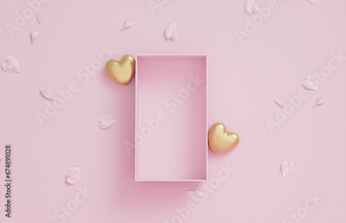 3D podium, display, background. Pink surprise, open gift box. Rose flower petals. Luxury cosmetic product presentation. Abstract, love, valentines day or woman's day. 3D render birthday mockup.