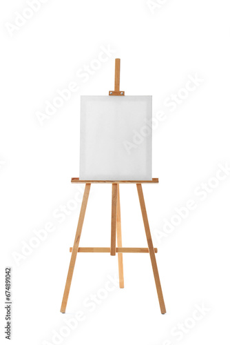 Wooden easel with blank canvas isolated on white background