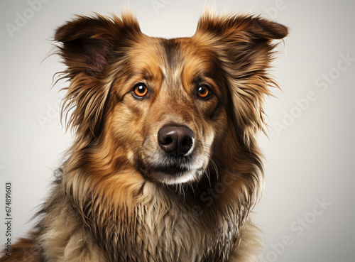 Portrait of red tricolor young one year old Australian Shepherd dog looking at the camera. Adorable animal isolated on white. Purebred australian shepherd close up.