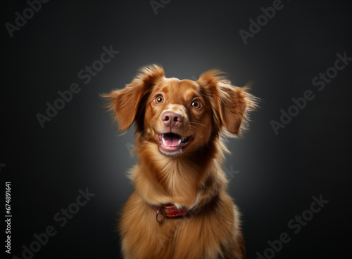Portrait of a cute dog on a dark background. Adorable Nova Scotia duck tolling Retriever. Funny pet isolated on black. Funny New Scotland Retriever, toller puppy.