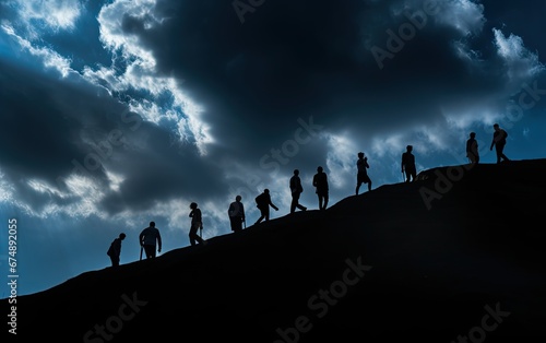 Darkness Descends: Silhouettes of a Group of People Against the Horizon with Cloud-Filled Sky