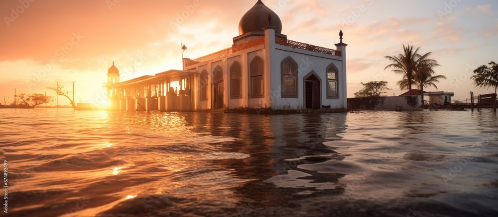 Masjid Wall Adhuna, Muara baru, Jakarta Utara, Indonesia - July 21, 2021 : Mosque submerged in water due to tidal flooding. blur and noise