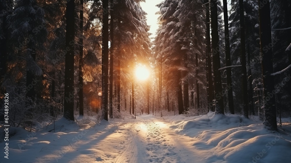 Dark atmospheric landscape of snow-covered evergreen forest at sunset. Pathway, rural road. Golden sunlight, sunbeams. Pine, fir, spruce trees. Winter wonderland. Ecology, global warming, ecotourism Dark atmospheric landscape of snow-covered evergreen forest at sunset. Pathway, rural road. Golden sunlight, sunbeams. Pine, fir, spruce trees. Winter wonderland. Ecology, global warming, ecotourism