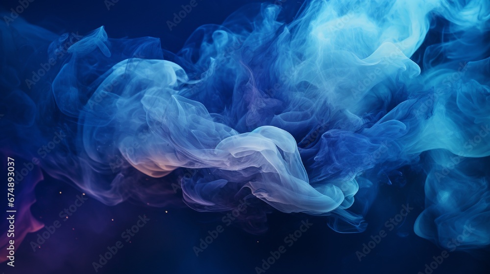 Dark blue abstract background, luxury multicolored smoke, acrylic paint underwater explosion, cosmic swirling ink - obrazy, fototapety, plakaty 