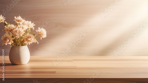 Empty wooden table with flowers on a vas against beige wall, sunlight, shadow, generative AI.