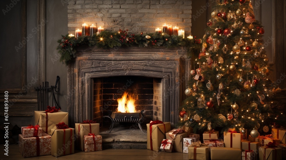 Decorated fir tree and gift boxes near fireplace in living room