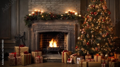 Decorated fir tree and gift boxes near fireplace in living room © Faisal Ai
