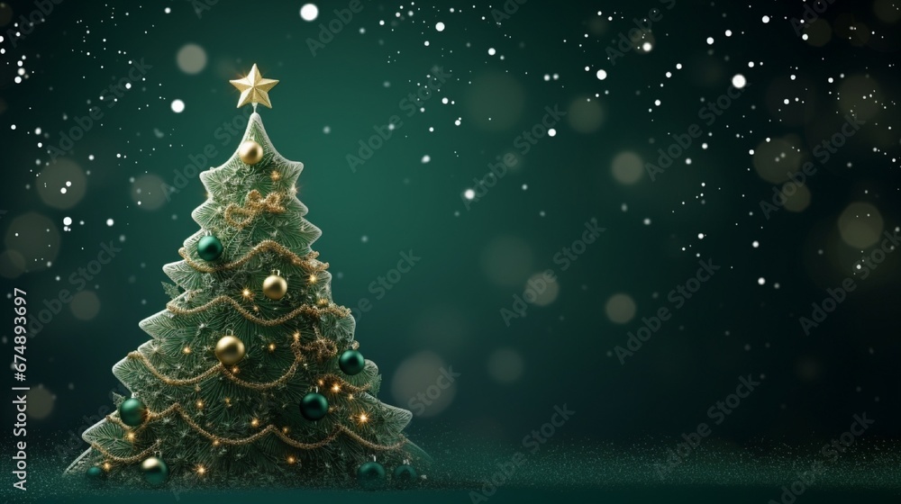 Decorated with ornaments and lights Christmas tree on dark green background. Merry Christmas and Happy Holidays greeting card, frame, banner. New Year. Noel. Winter holiday theme. Decorated with ornaments and lights Christmas tree on dark green background. Merry Christmas and Happy Holidays greeting card, frame, banner. New Year. Noel. Winter holiday theme.