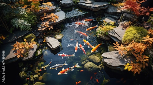 minimalist koi fish pond from top view, suitable for the backyard of the house