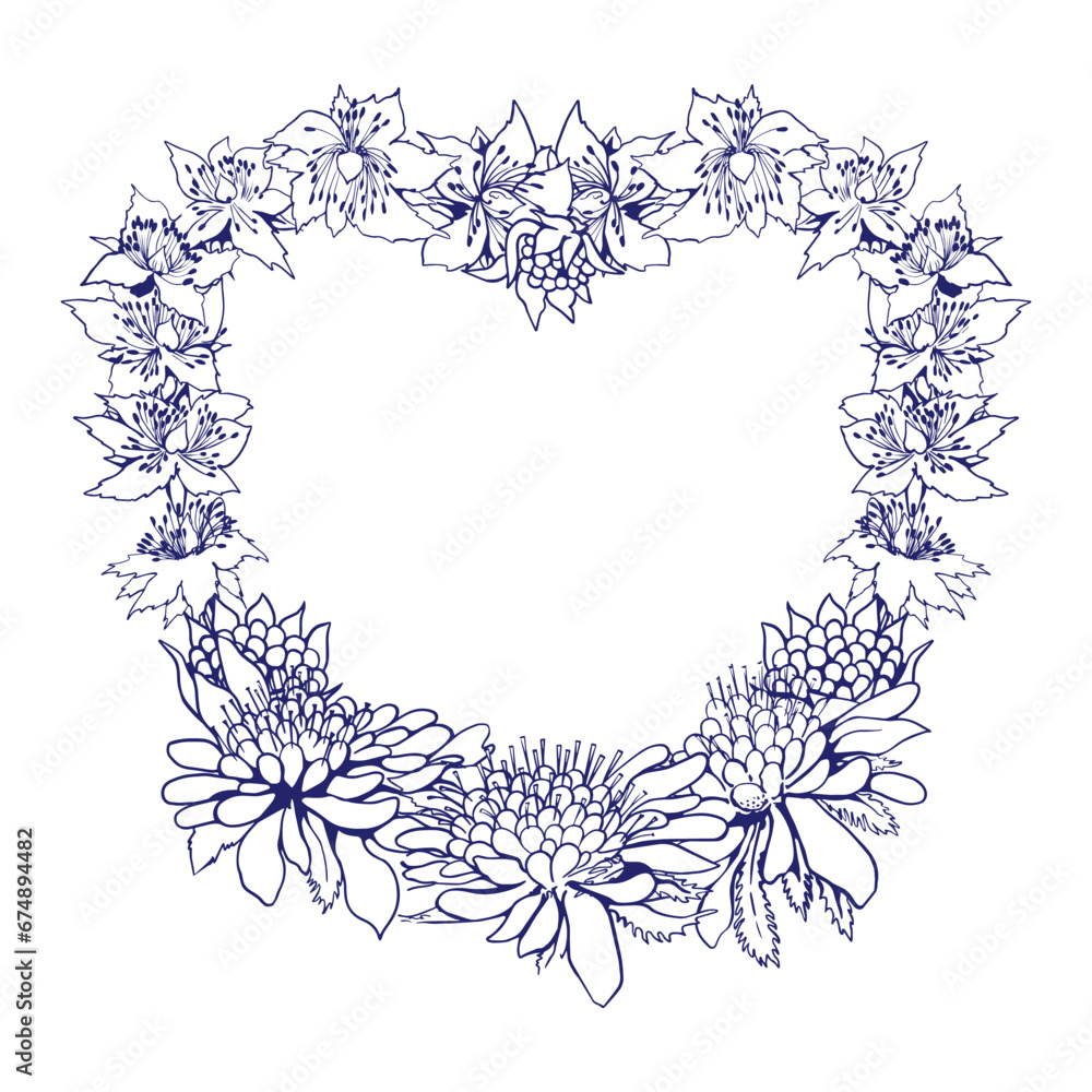 Handdrawn wreath made in vector. Unique decoration for greeting card, wedding invitation, save the date. Summer flowers with space for your text.	