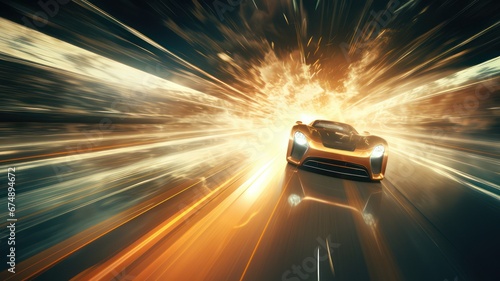 Fast supersports car in a tunnel of light created with Generative AI photo